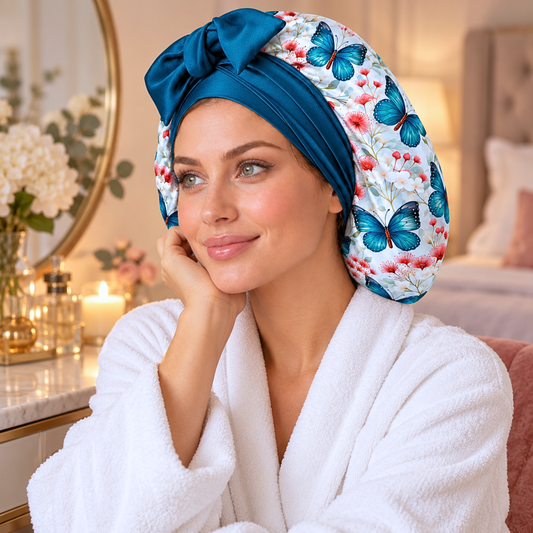 Butterfly Bloom silk-blend satin bonnet with stretch ties, large size – teal bow with blue butterfly print, worn with a white robe