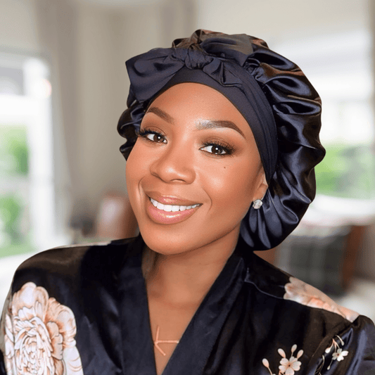 Luxury Handmade Charmeuse Silk Satin Lined Hair Bonnet with Long Stretch Ties - Black - PHC