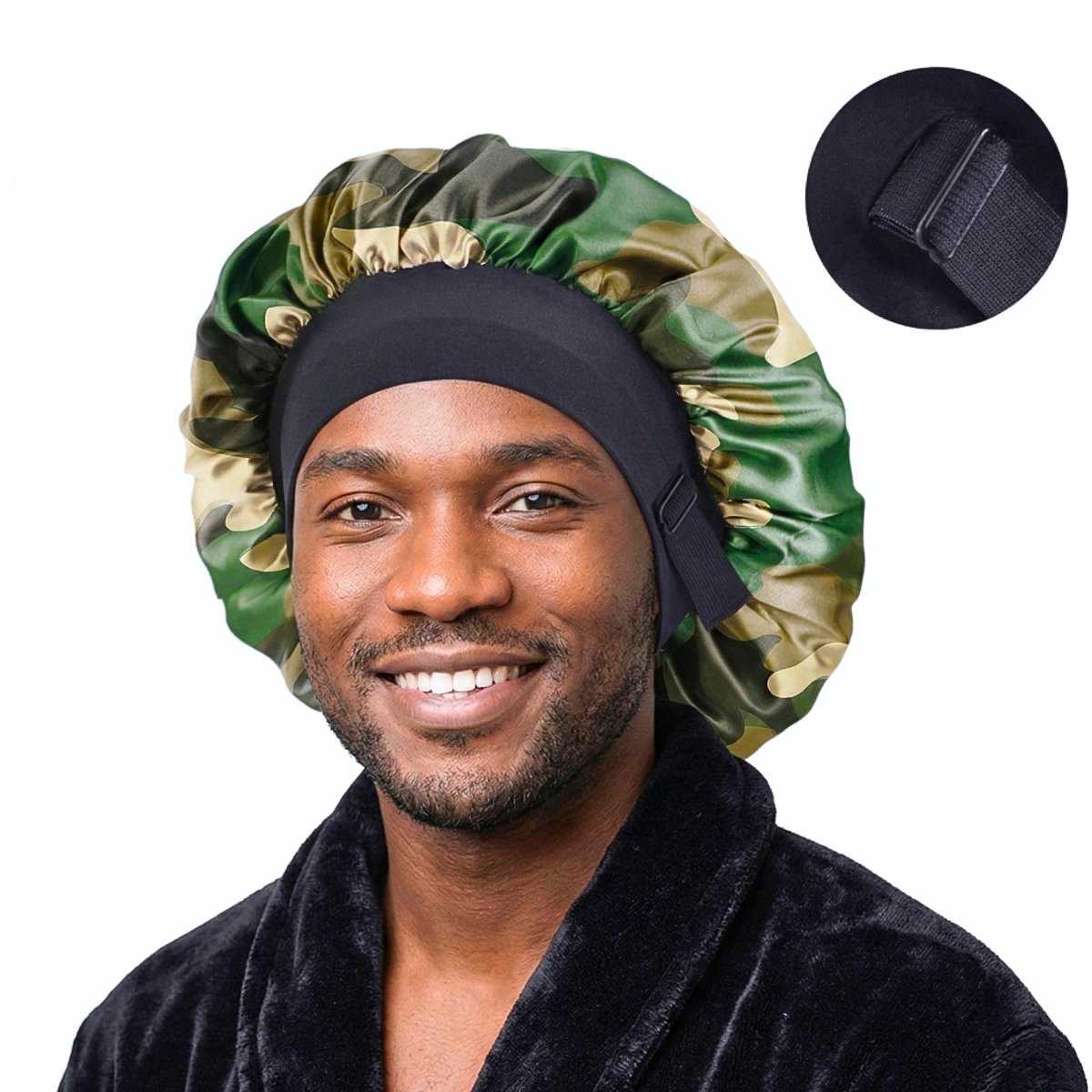 Front view of a man wearing a camouflage satin bonnet, with an inset close-up of the elastic band and sliding adjuster.