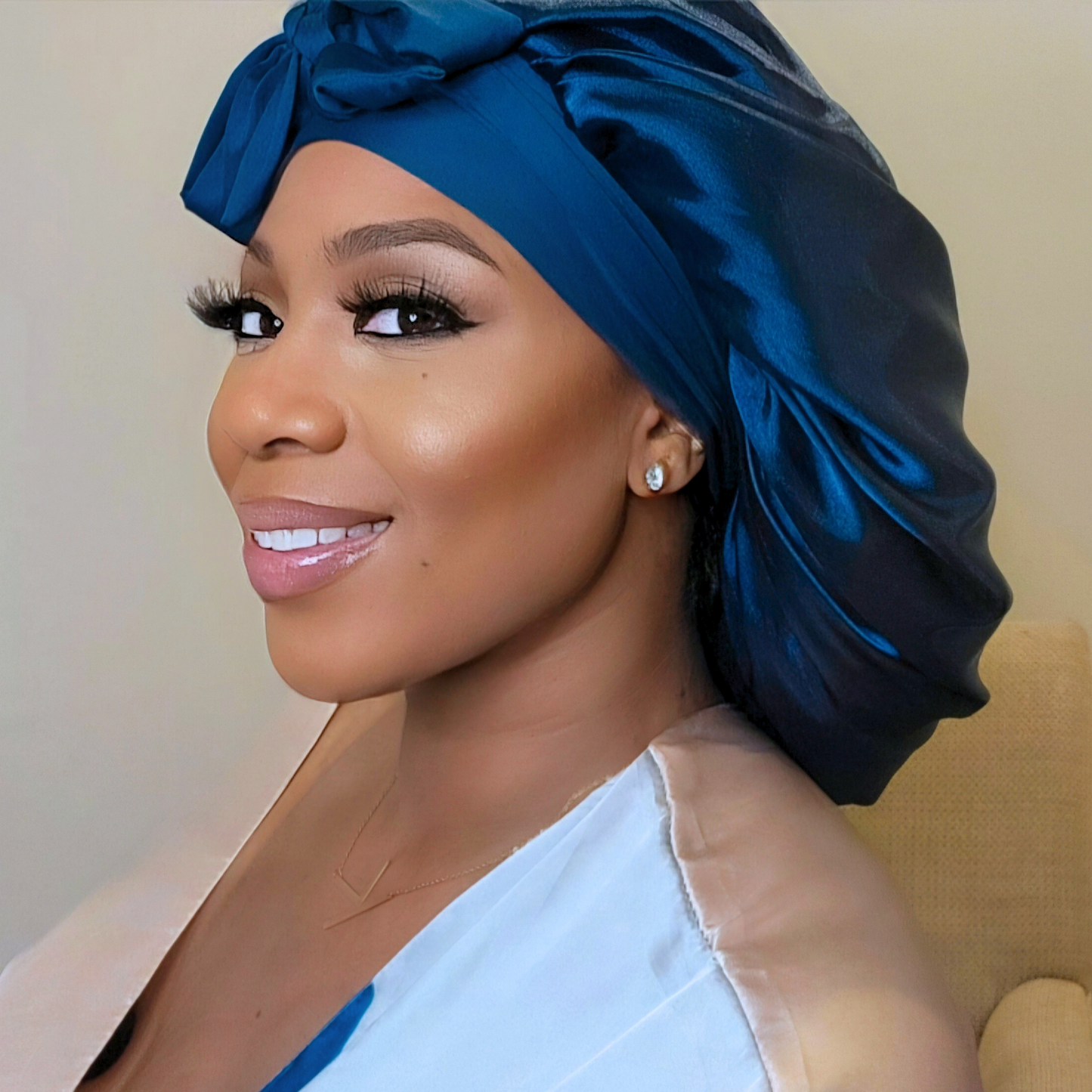 Satin-Lined Stretch Tie Satin Bonnet - Midnight Blue