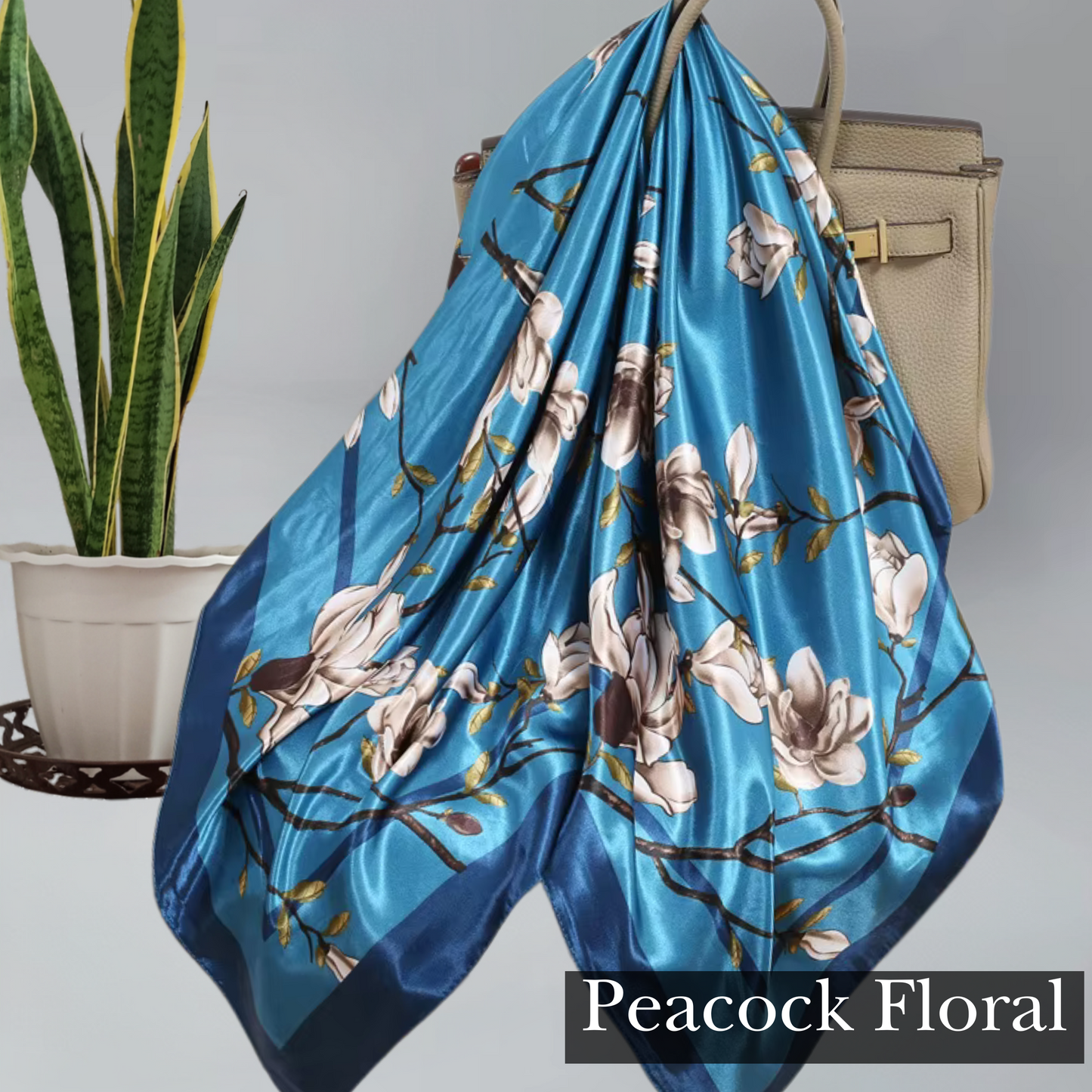 Peacock Floral satin hair scarf that can be used as purse decoration, next tie, hijab, satin hair wrap.