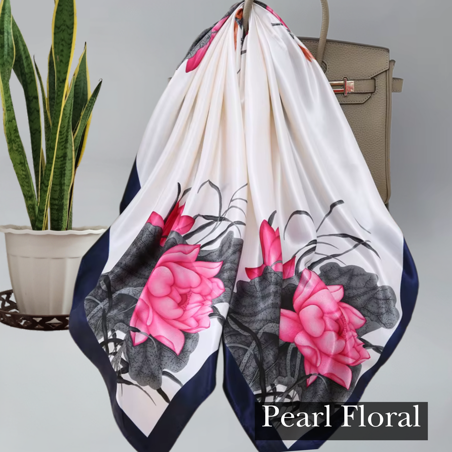 Pearl Floral satin hair scarf that can be used as purse decoration, next tie, hijab, satin hair wrap.
