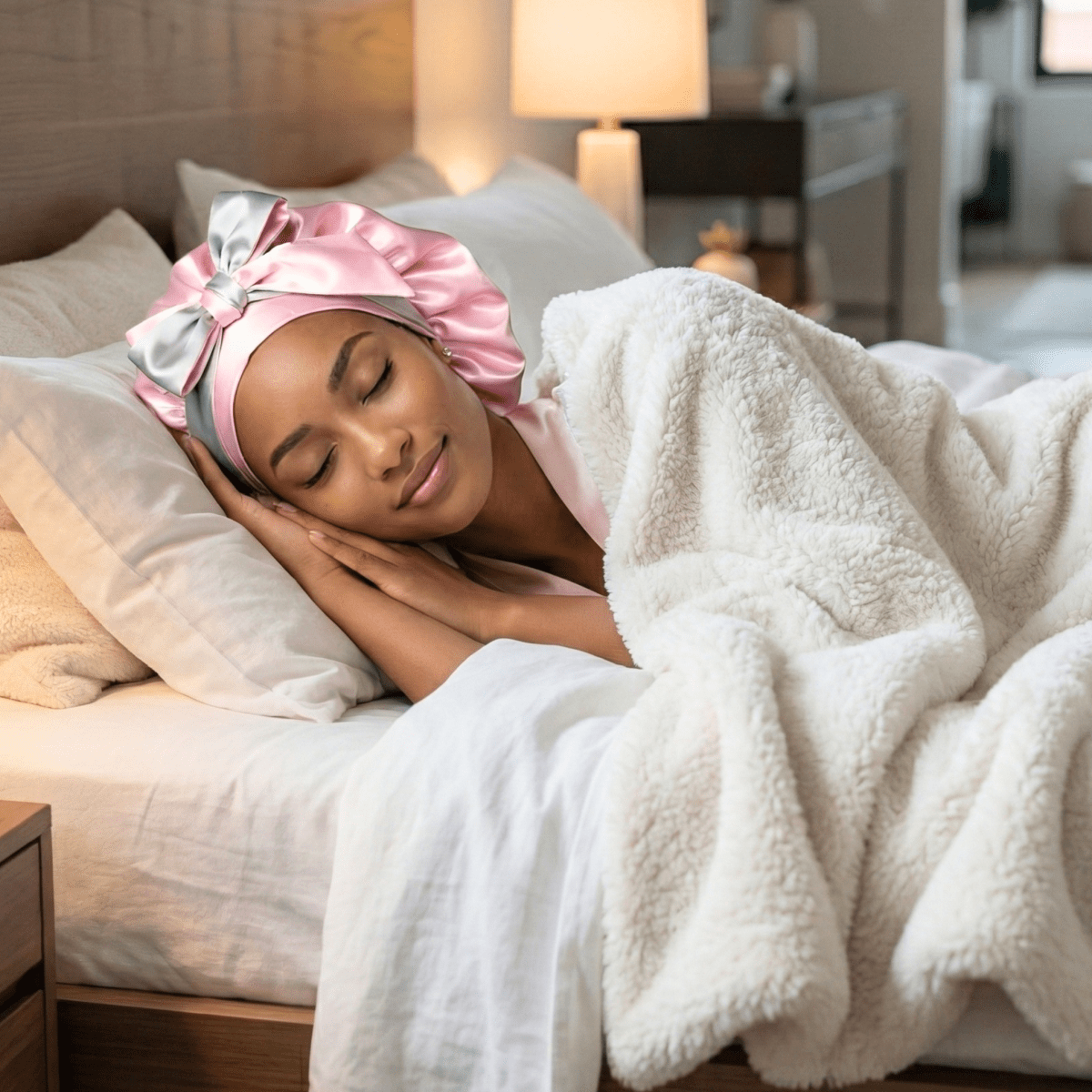Reversible Charmeuse All Satin Sleep Cap with Long Ties in Baby Pink & Gray - PHC