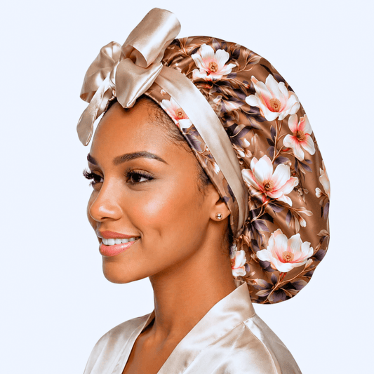 Reversible Satin Tie Hair Bonnet – Exclusive Brown Magnolia Print - PHC
