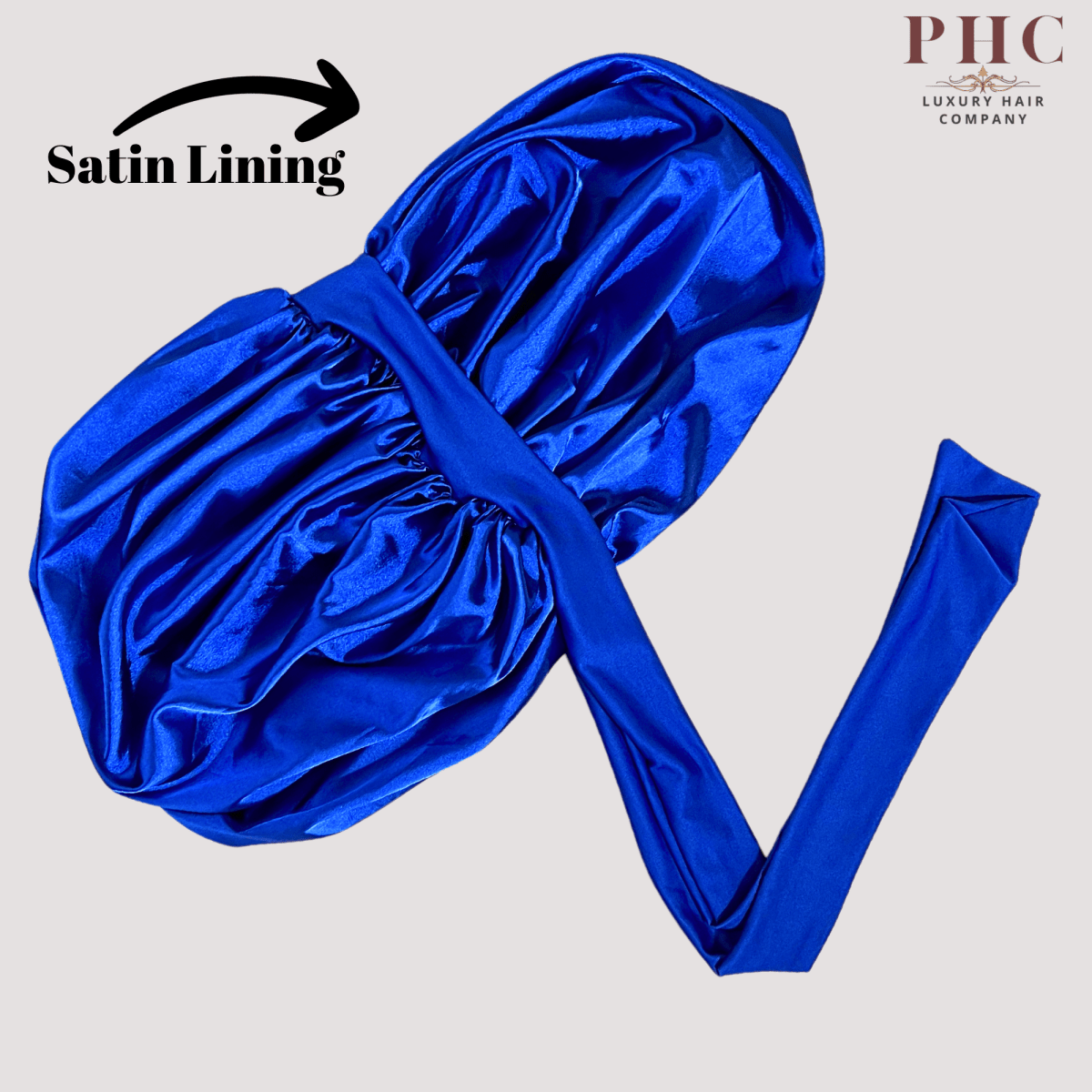 Royal Blue Original Stretch Tie satin bonnet by Prince Hair Company — adjustable, stays on all night for curls, braids & locs