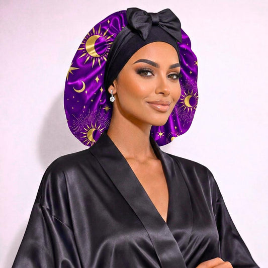 Celestial Dream Original Stretch Tie satin bonnet by Prince Hair Company — adjustable, stays on all night for curls, braids & locs