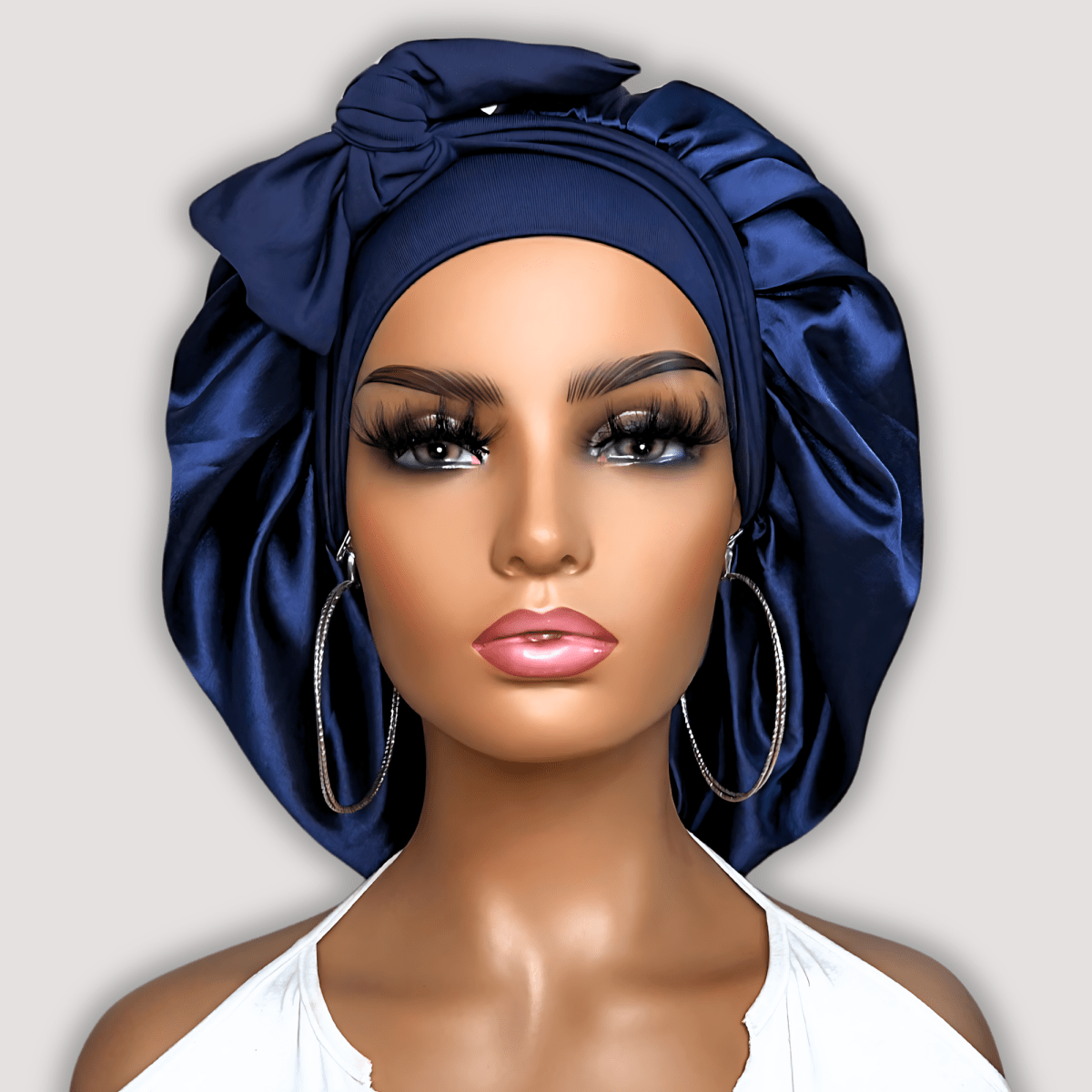 Satin Lined Stretch Tie Hair Bonnet - Navy Blue | Premium Hair Protection - PHC