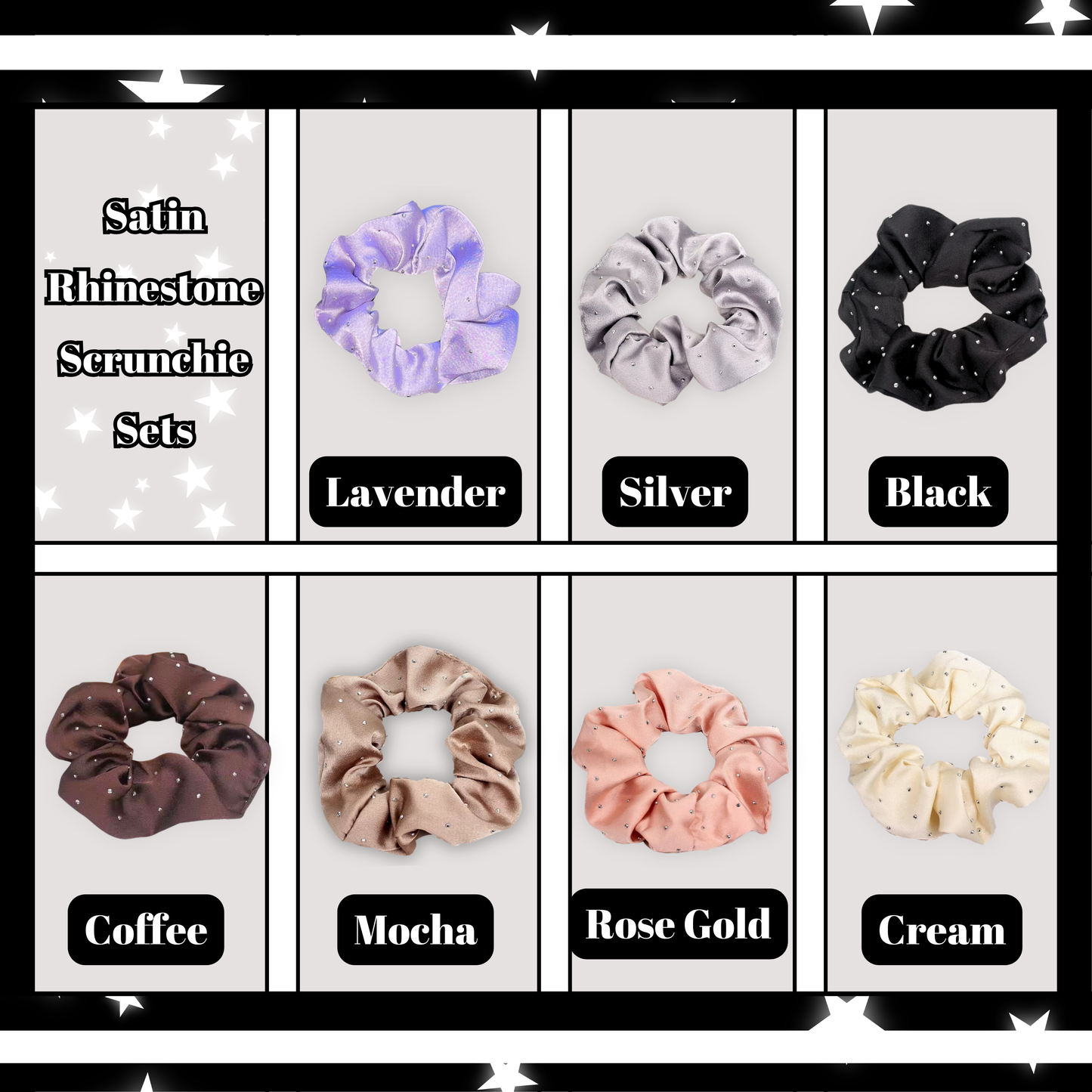 Grid detailing Satin Rhinestone Scrunchie colors in lavender, silver, black, coffee, mocha, rose gold and cream.