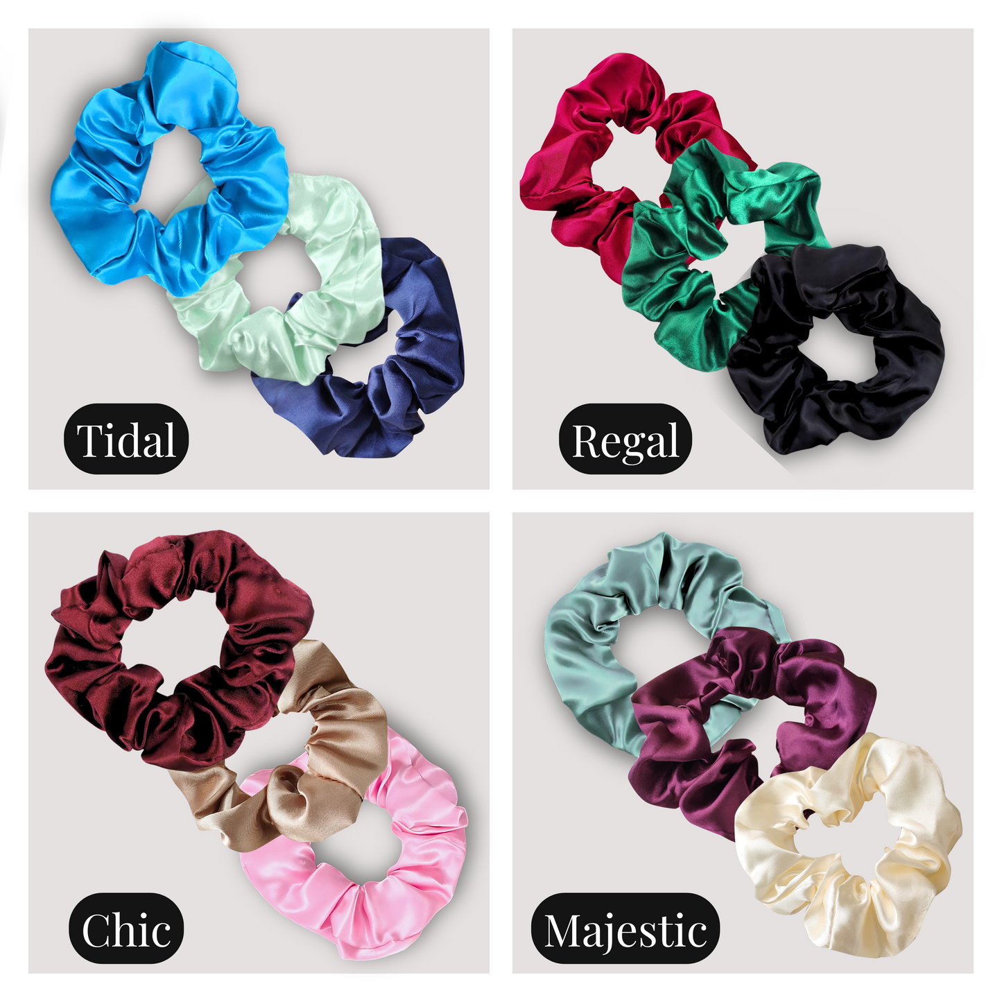 Handmade Satin Scrunchie 3 Piece Sets in Tidal, Regal, Chic and Majestic.