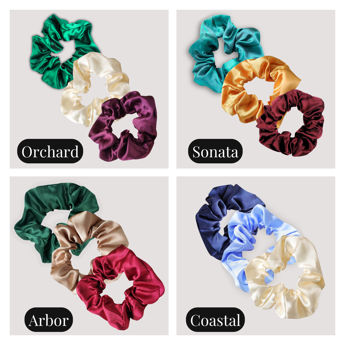handmade satin scrunchies 3 piece sets in Orchard, Sonata, Arbor and Coastal.