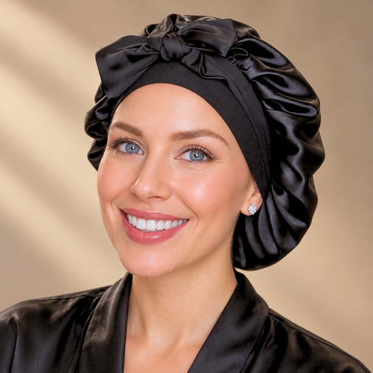 Black silk-blend satin bonnet with stretch ties, small size – front view on a smiling woman in a black satin robe