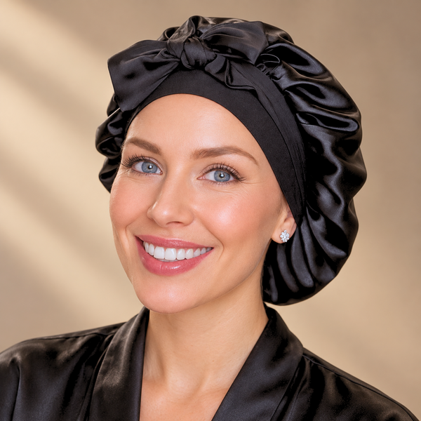 Black silk-blend satin bonnet with stretch ties, small size β front view on a smiling woman in a black satin robe