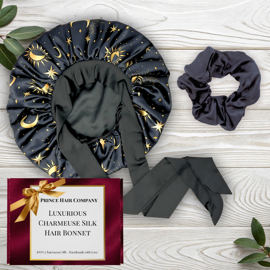 Gift Wrapped Silk Satin Sleep Bonnet & Scrunchie Set | Charmeuse Print | Adjustable Stretch Tie | Handmade in USA