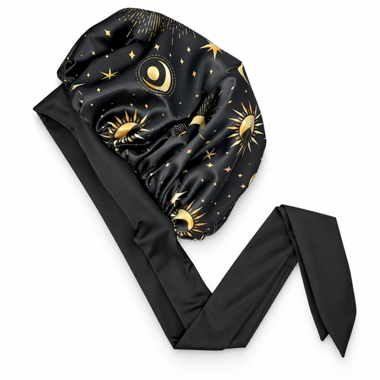 A black satin sleep cap with a long tie, decorated with a celestial pattern of gold suns, moons, and stars, shown on a plain white background.