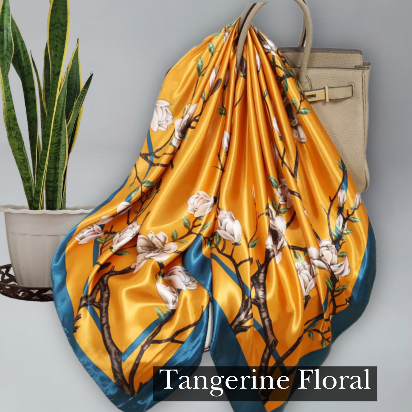 Tangerine Floral satin hair scarf that can be used as purse decoration, next tie, hijab, satin hair wrap.