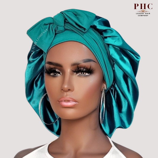 Satin-Lined Stretch Tie Satin Bonnet - Teal Green