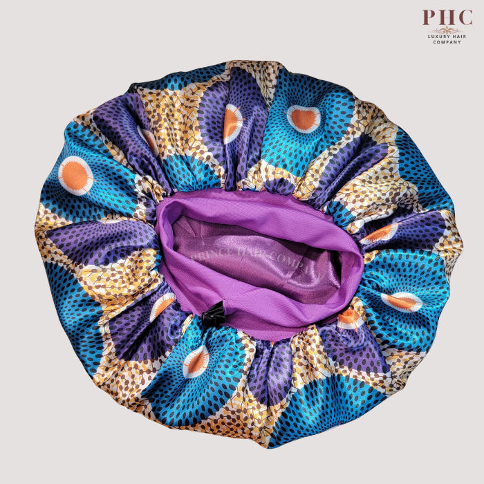 Purple / Gold Ankara Print Wide Band Bonnet (Sm/Med Cap Size)