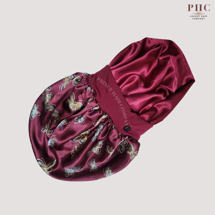 Burgundy Butterfly Print Wide Band Bonnet (Sm/Med Cap Size)