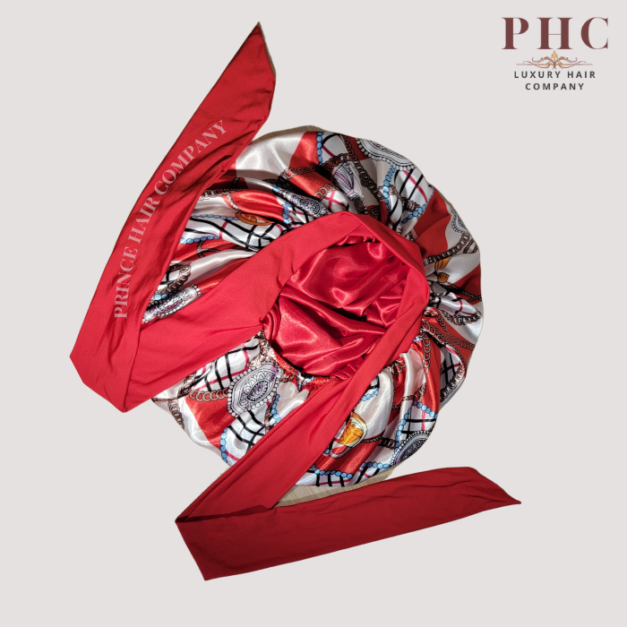 CLEARANCE - Red Chains Satin-Lined Stretch Tie Bonnet