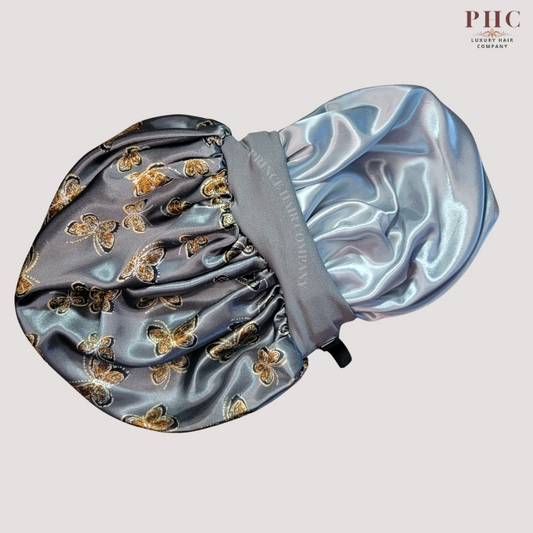 Silver Butterfly Print Wide Band Bonnet (Sm/Med Cap Size)