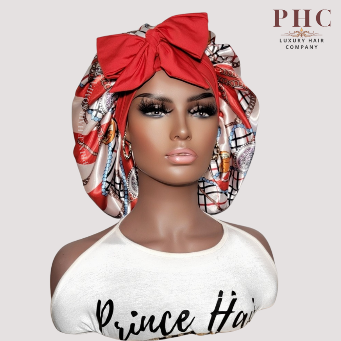CLEARANCE - Red Chains Satin-Lined Stretch Tie Bonnet