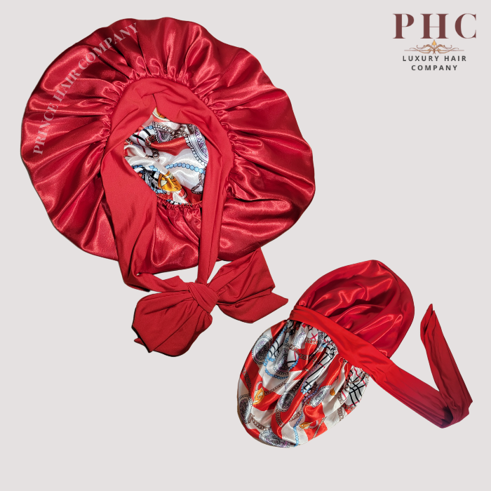 CLEARANCE - Red Chains Satin-Lined Stretch Tie Bonnet