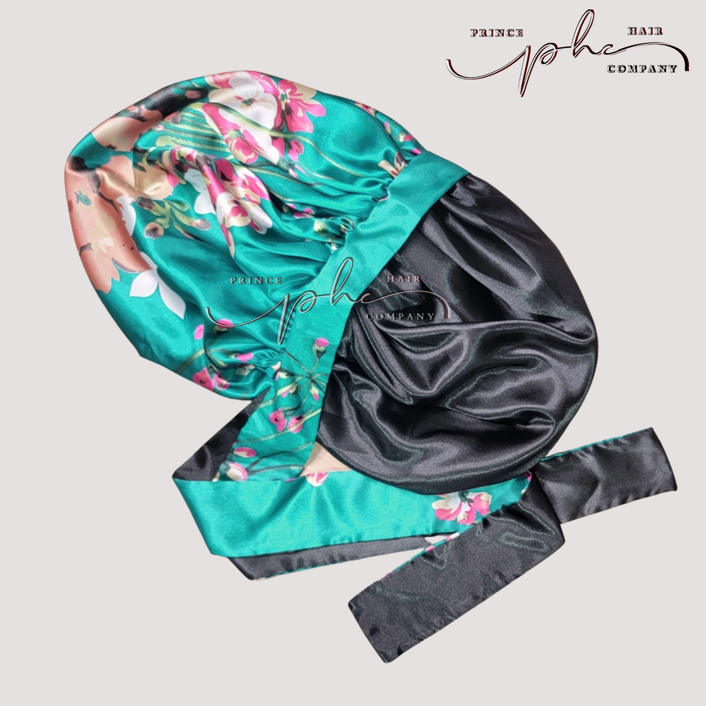 Teal Flowers & Black All Satin Reversible Bonnet