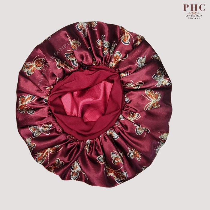 Burgundy Butterfly Print Wide Band Bonnet (Sm/Med Cap Size)