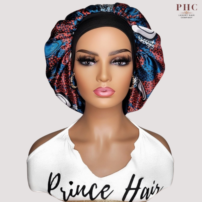 Blue/Red Ankara Print Wide Band Bonnet (Sm/Med Cap Size)