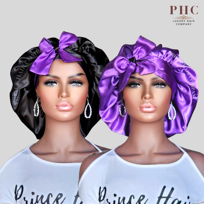 CLEARANCE - Black & Purple All Satin Reversible Bonnet