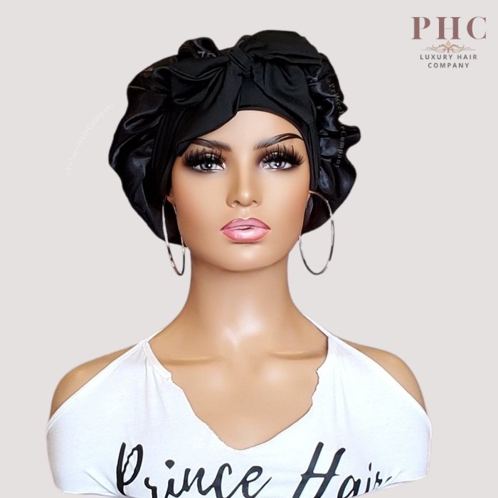Black Stretch Tie Satin Bonnet (No Lining) - PHC