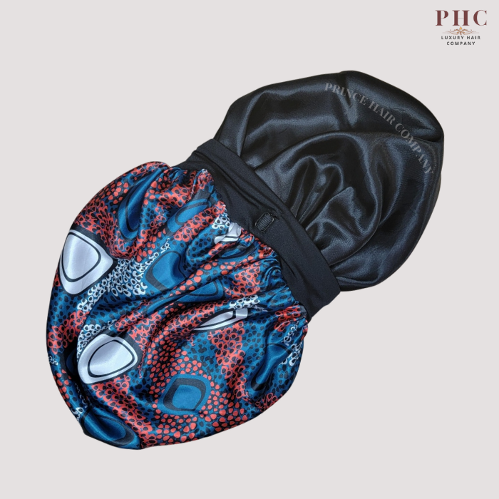 Blue/Red Ankara Print Wide Band Bonnet (Sm/Med Cap Size)