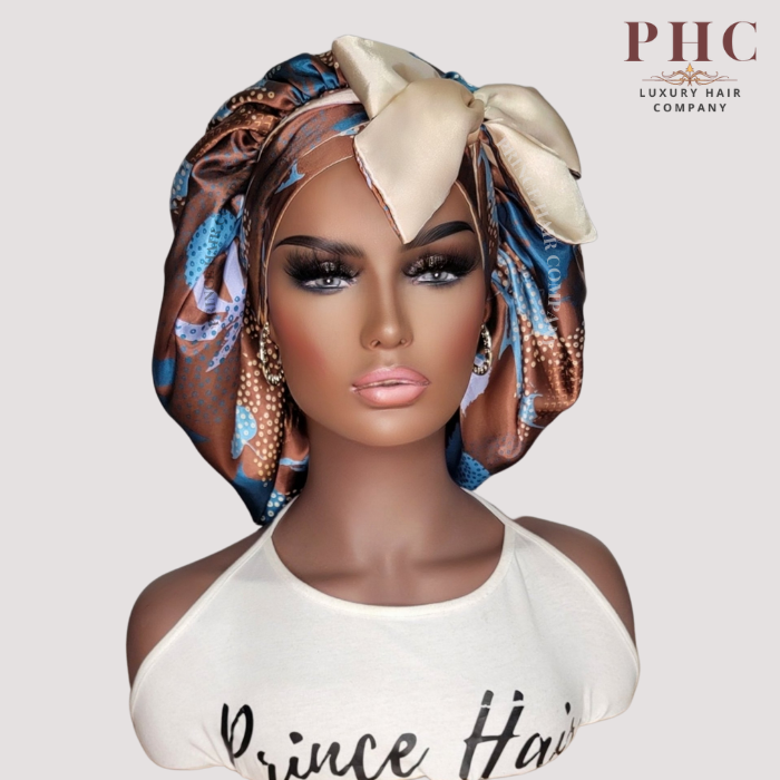 Gold and Brown Ankara Print All Satin Reversible Bonnet