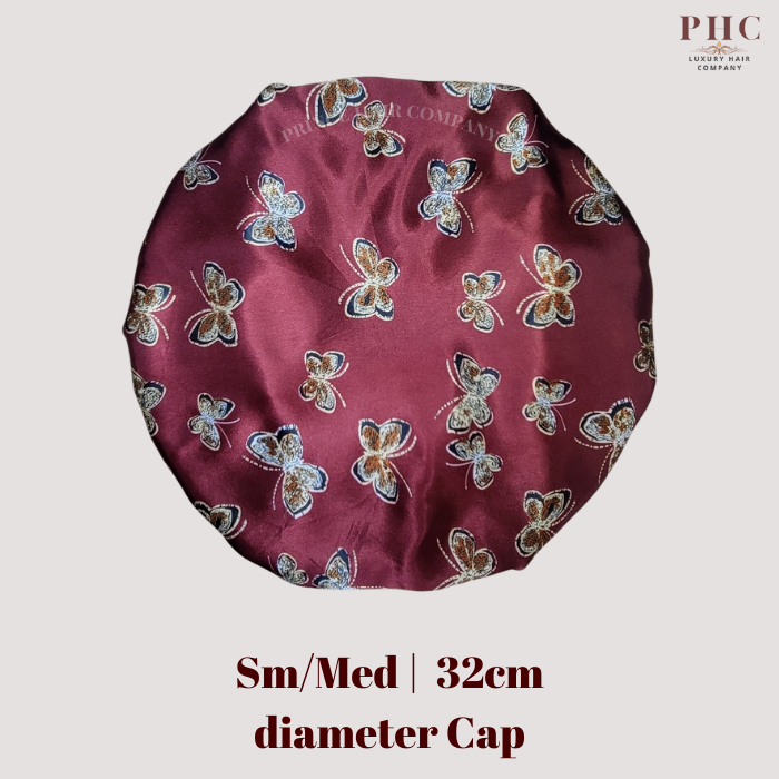 Burgundy Butterfly Print Wide Band Bonnet (Sm/Med Cap Size)