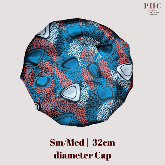 Blue/Red Ankara Print Wide Band Bonnet (Sm/Med Cap Size)