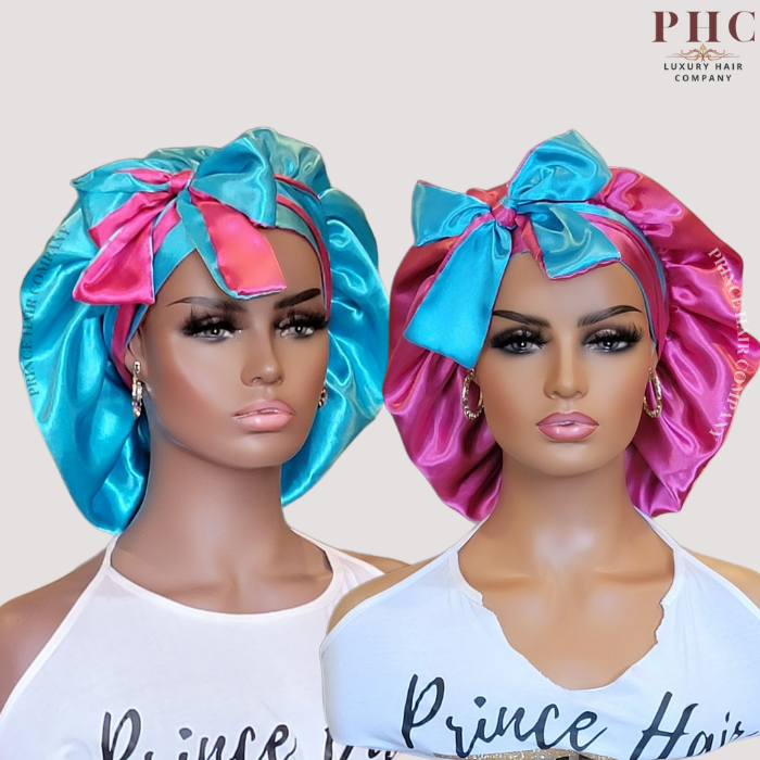 CLEARANCE - Fuchsia & Turquoise All Satin Reversible Bonnet