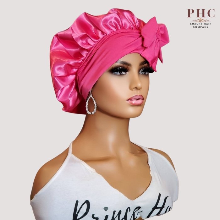 Hot Pink Satin - Lined Stretch Tie Bonnet - PHC