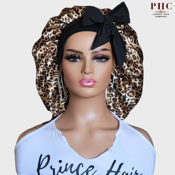 CLEARANCE - Leopard & Black Satin-Lined Stretch Tie Bonnet
