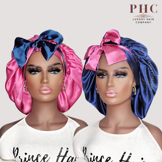 CLEARANCE - Navy Blue and Fuchsia All Satin Reversible Bonnet