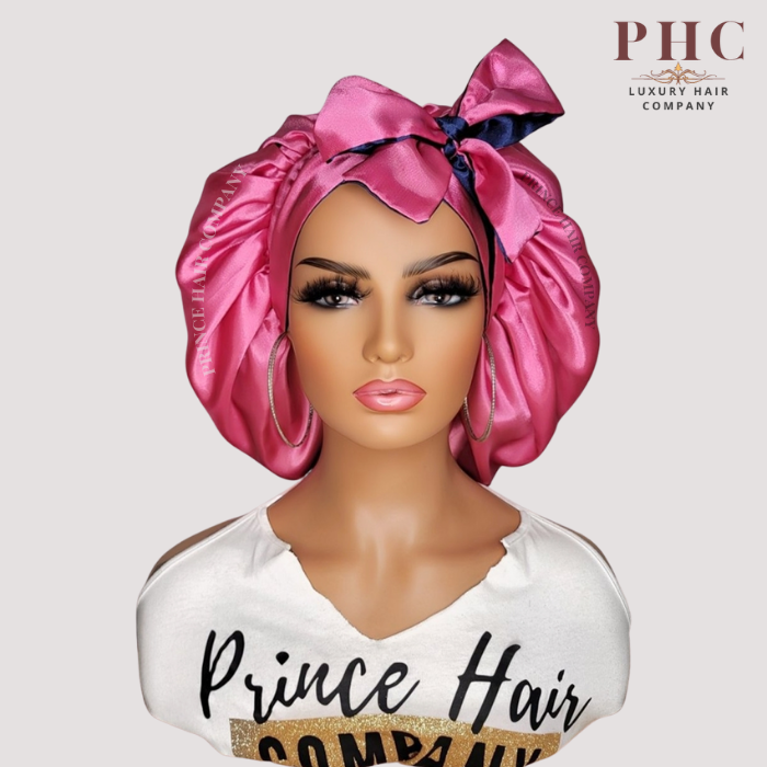 CLEARANCE - Navy Blue and Fuchsia All Satin Reversible Bonnet