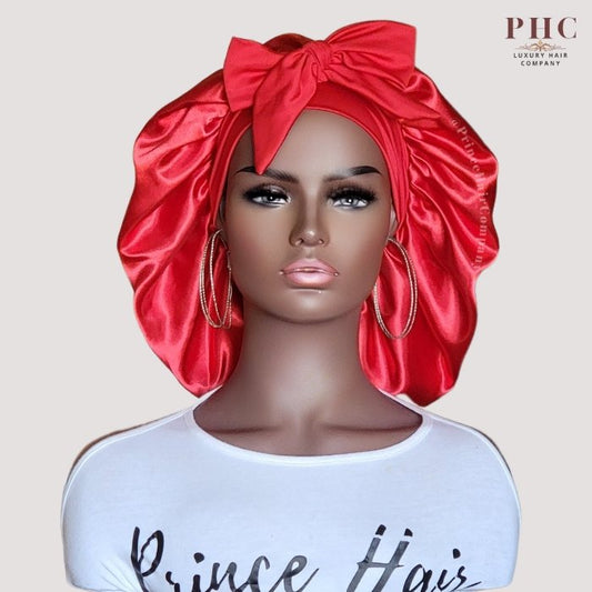 Red Stretch Tie Satin Bonnet (No Lining) - PHC
