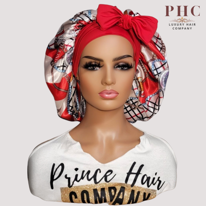CLEARANCE - Red Chains Satin-Lined Stretch Tie Bonnet