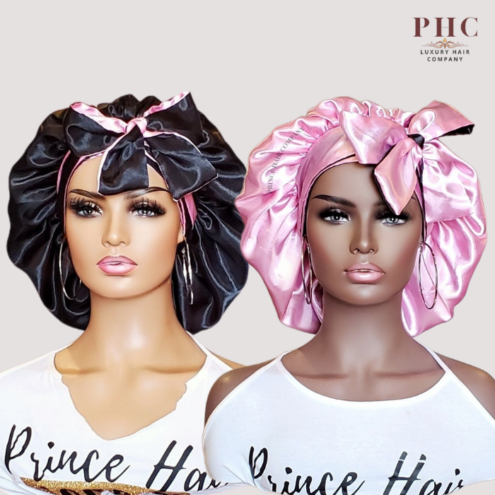 CLEARANCE - Rose Pink & Black All Satin Reversible Bonnet