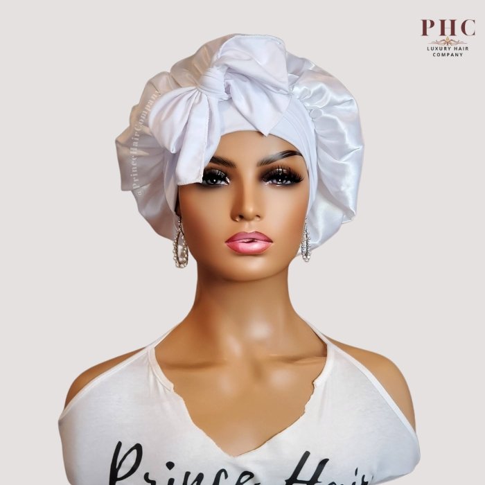 White Satin-Lined Stretch Tie Bonnet - PHC