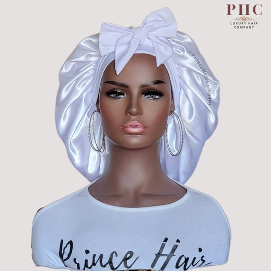 White Stretch Tie Satin Bonnet (No Lining) - PHC