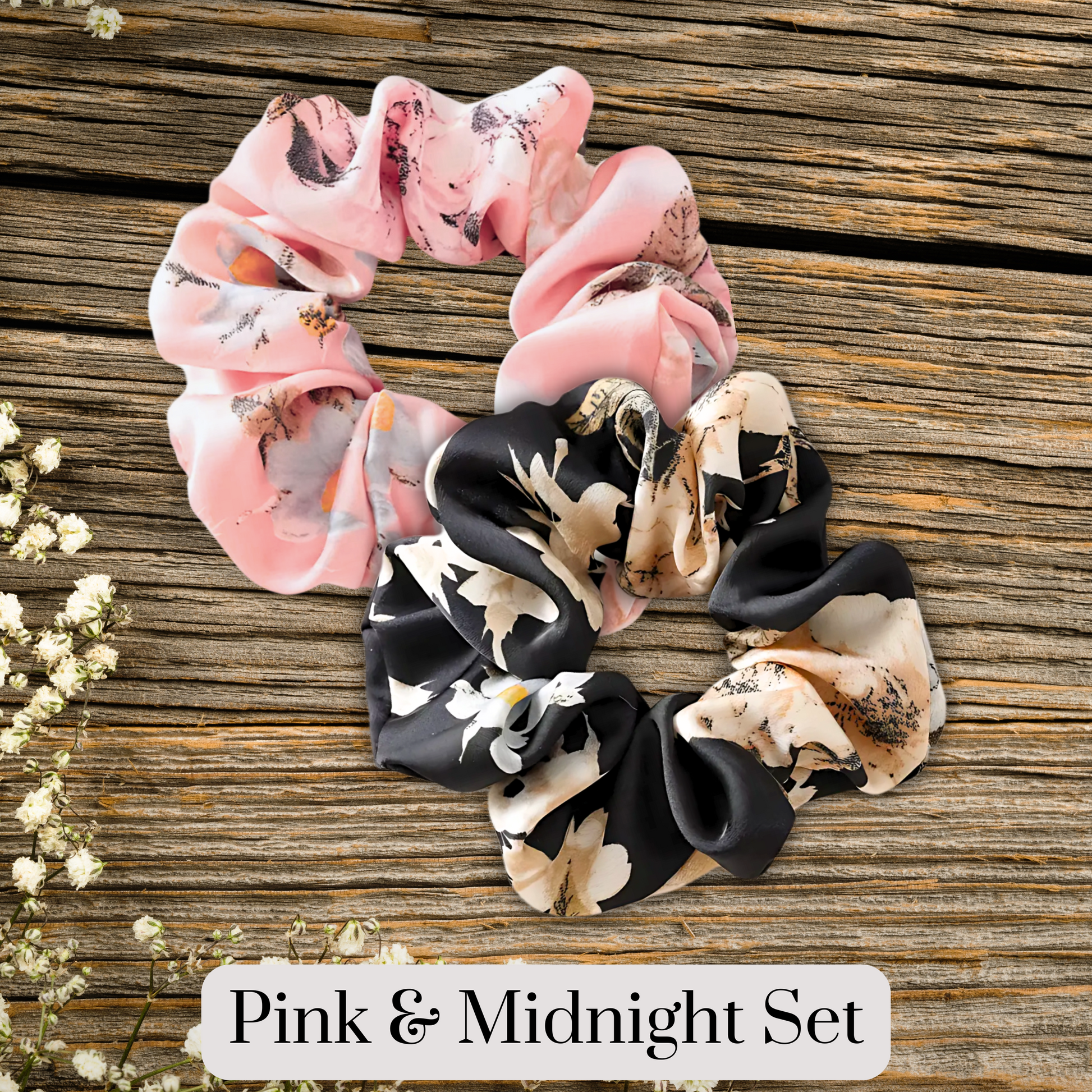 Peach and Black floral satin scrunch on a wooden plank background. Midnight Bloom and Peach Blossom Set