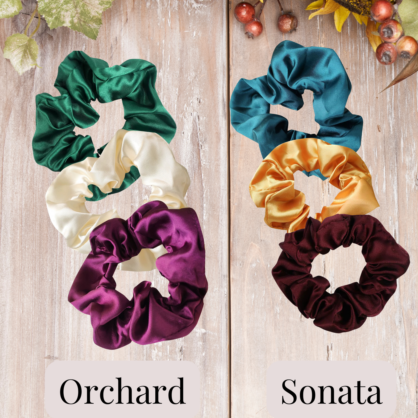 Handmade satin scrunchies in vibrant color sets. Orchard (Emerald, beige, eggplant) and Sonata ( teal, honey, bordeaux). 