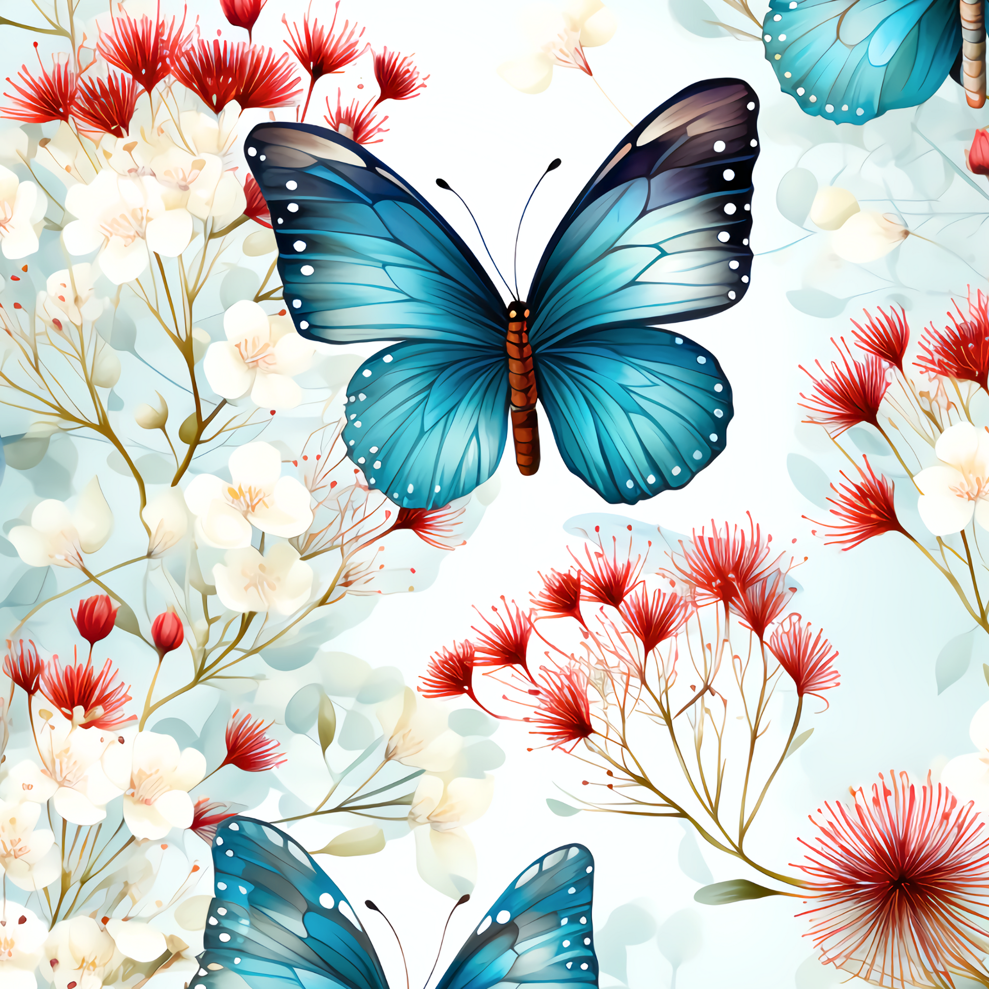 A close-up charmeuse silk fabric swatch featuring a delicate blue butterfly resting on a floral background with red and white flowers. The smooth satin weave reflects light beautifully, highlighting the rich colors and soft, luxurious texture of the fabric.