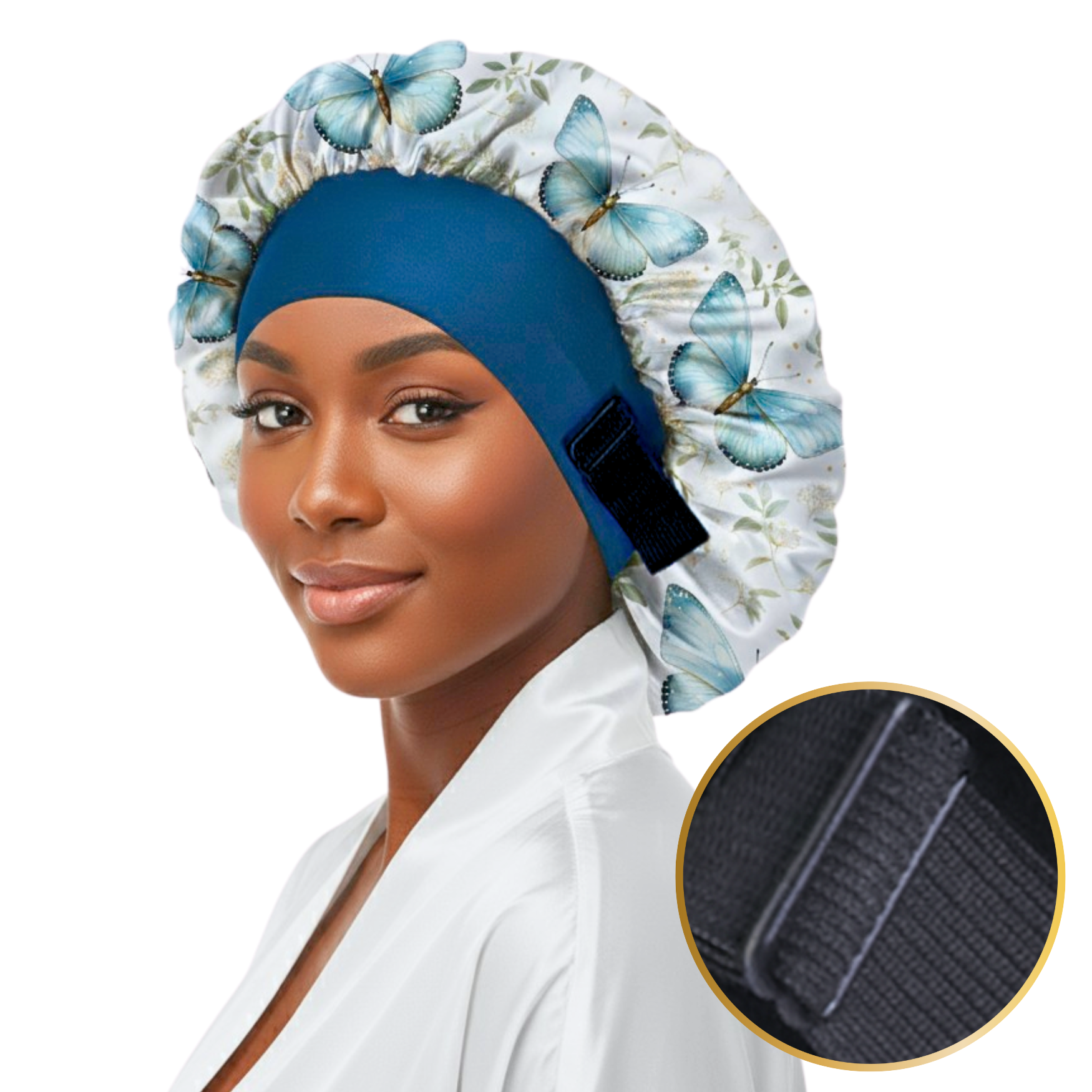 Woman wearing a Charmeuse silk satin no-slip wide band hair bonnet in a floral butterfly print, featuring a deep peacock blue band and a close-up of the adjustable elastic pull, showing the secure, edge-friendly fit for protective nighttime hair care.