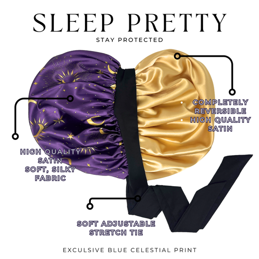Blue Celestial Stretch Tie Satin Bonnet with gold charmeuse lining, featuring moon and star print on silky purple and blue fabric. Adjustable sleep cap for natural hair, braids, locs, and curly styles.